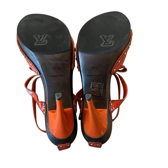 Louis Vuitton Patent Leather TStrap Stiletto Heels Sandals Orange EU 39.5 US 9.5 - Picture 10 of 12
